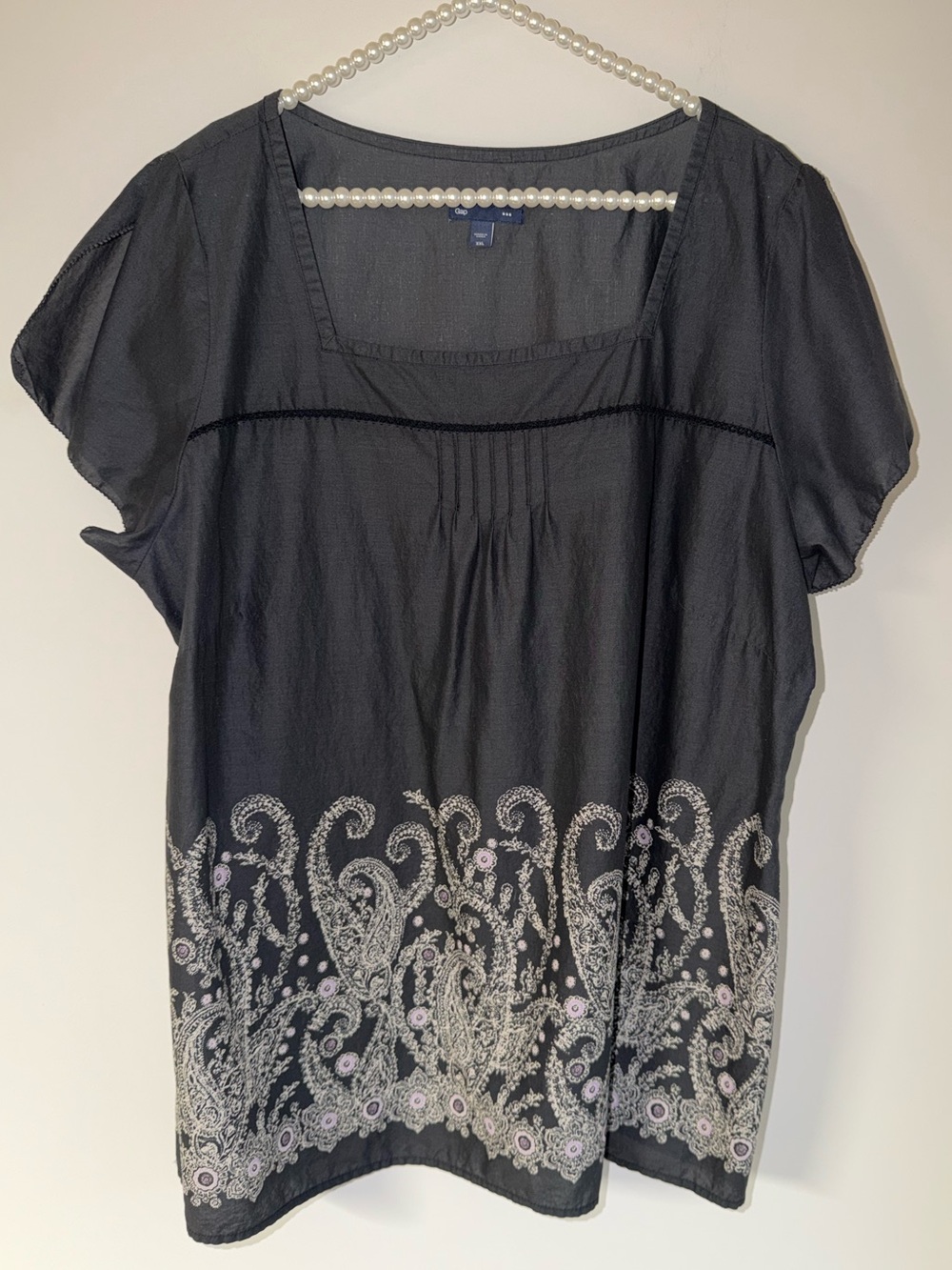 GAP Cotton Paisley Border Print Square Neck Blouse Top Black XXL